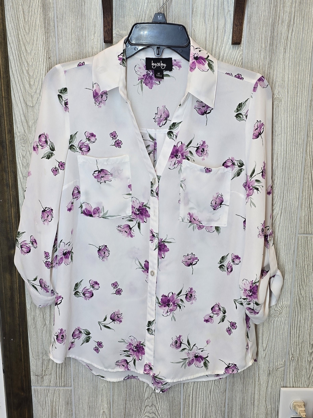 Berry Floral Button-Down Blouse - White with Purple Print